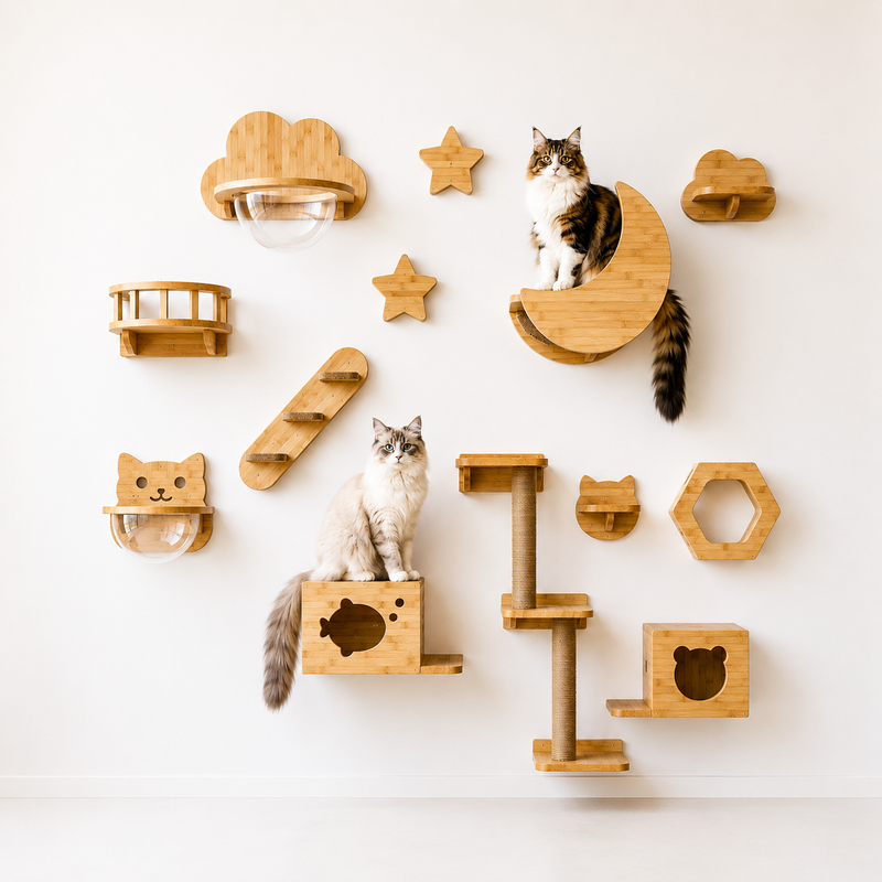 Arbre à chat mural en bois avec plateformes, niches suspendues et parcours d'escalade pour chat d'intérieur Catedo