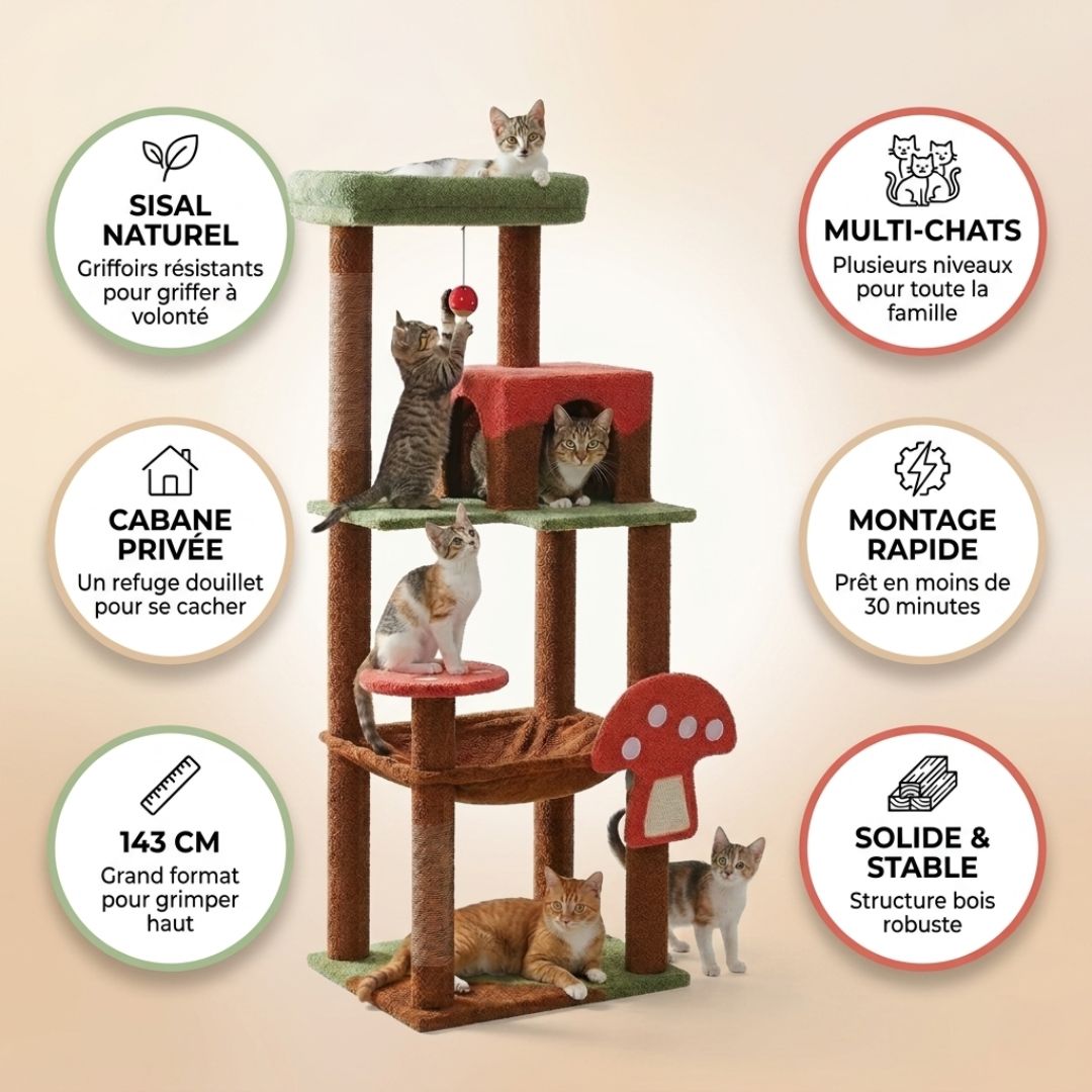 Arbre à chat original champignon 143cm - cabane griffoir sisal design fun