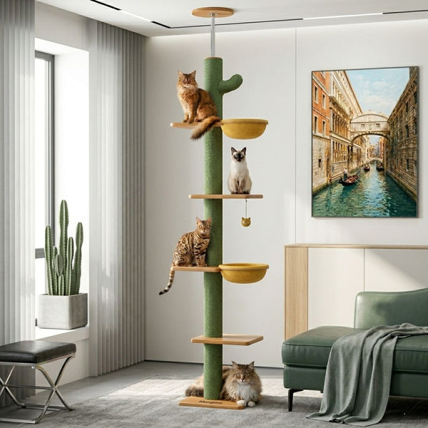 Arbre à chat cactus sol-plafond sans perçage 229 cm, corbeilles et sisal, Cactia