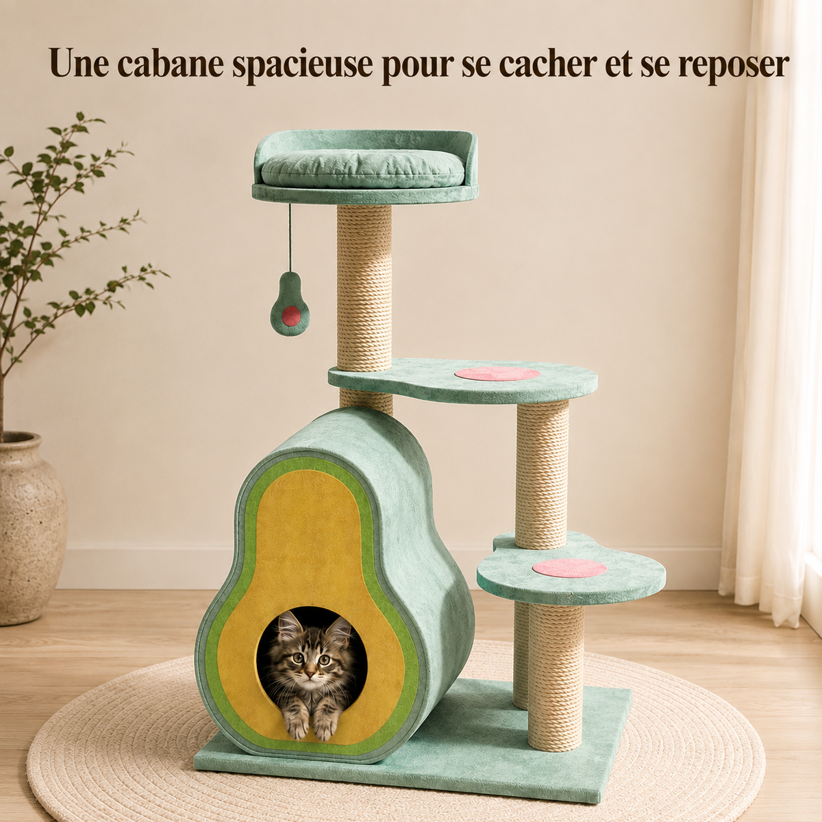 Chaton Maine Coon dans la cabane en forme d’avocat d’un arbre à chat vert avec plateformes et poteaux en sisal.