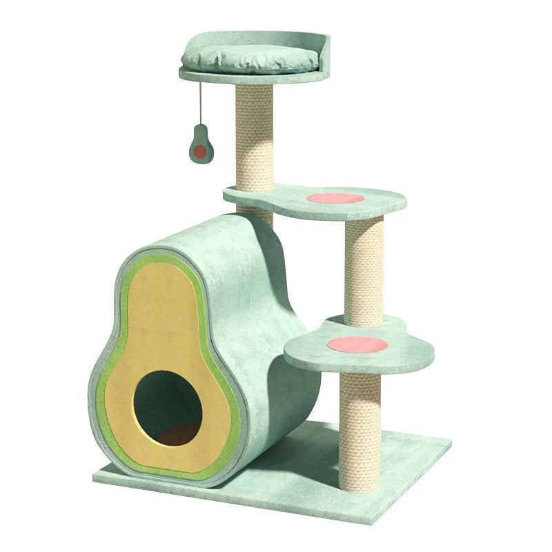 Arbre à chat avocat vert tendre : niche tunnel en forme d'avocat, trois niveaux, poteaux en sisal et jouet suspendu