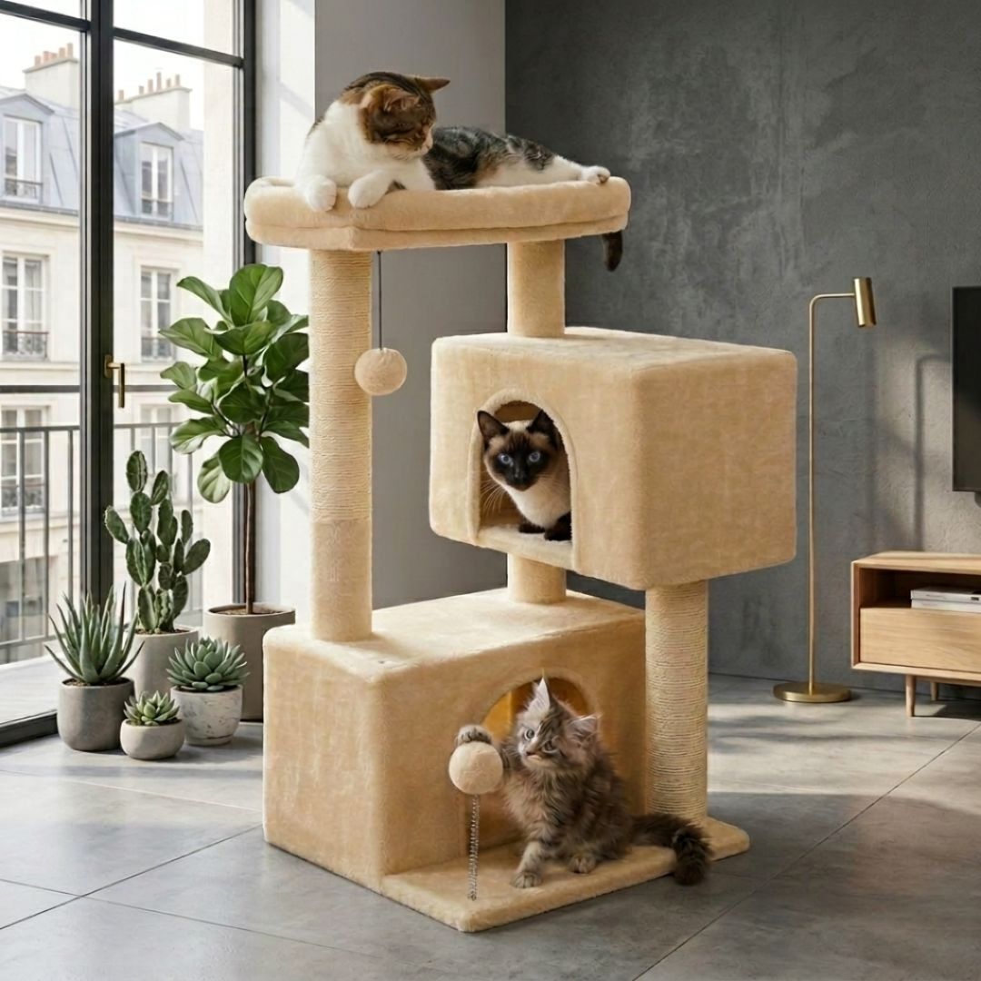 arbre à chat design beige crème dans un salon lumineux avec vue sur Paris, comprenant un chat Européen sur le panier haut, un chat Siamois dans la niche centrale et un chaton Maine Coon jouant avec le pompon en bas.
