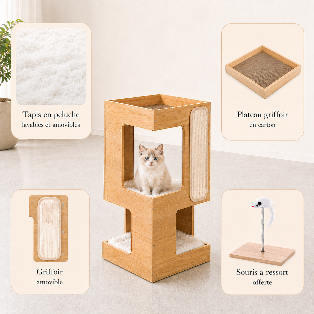 Arbre à chat design en bois avec chaton Ragdoll et accessoires premium incluant griffoir, tapis en peluche et souris à ressort.