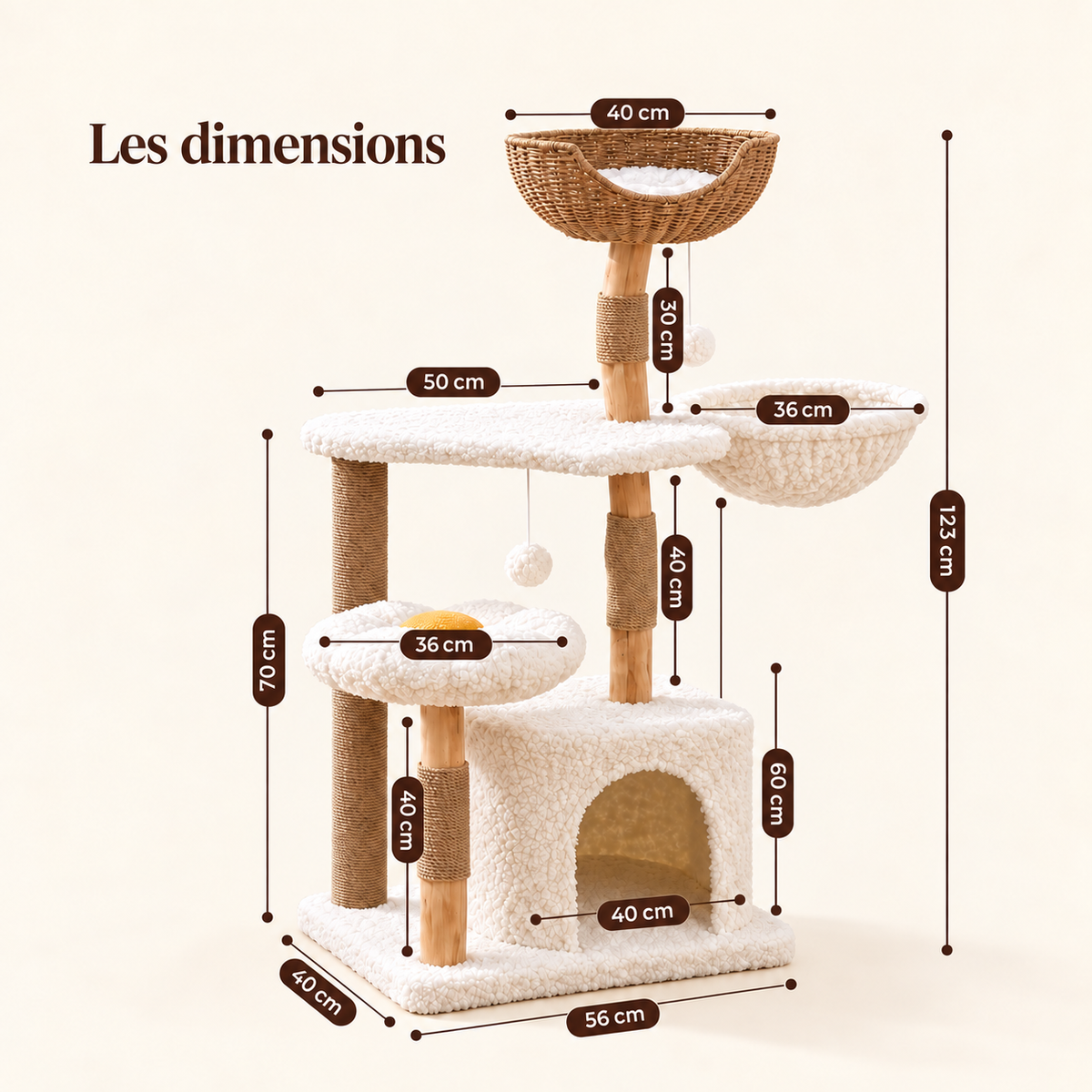 Dimensions de l’arbre à chat ALVÉO en bois massif : hauteur 123 cm, base 56 × 40 cm, niche, hamac, panier et plateformes avec mesures détaillées.