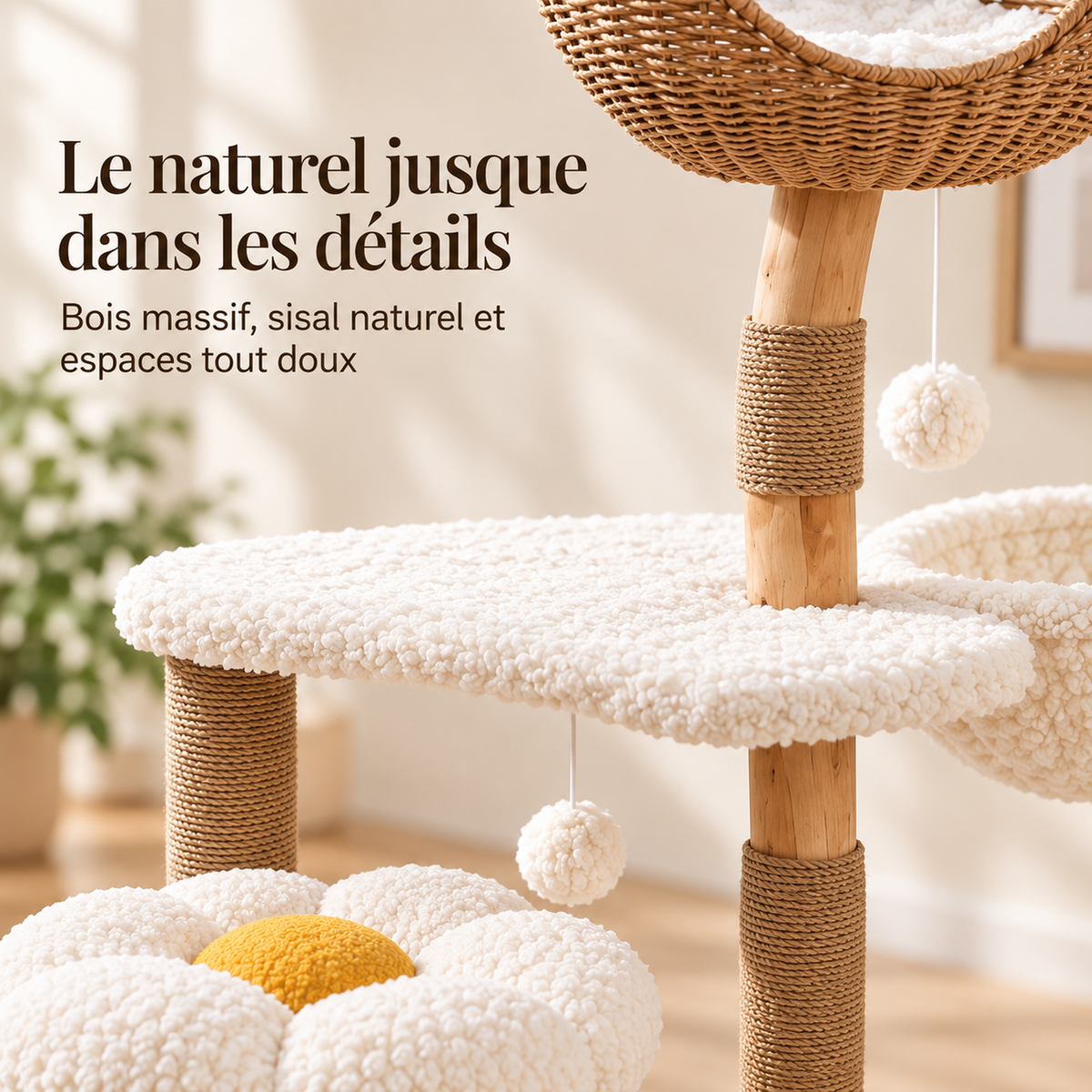 Gros plan sur les matériaux de l’arbre à chat ALVÉO : bois massif naturel, poteaux griffoirs en sisal, panier tressé et couchages en tissu doux.