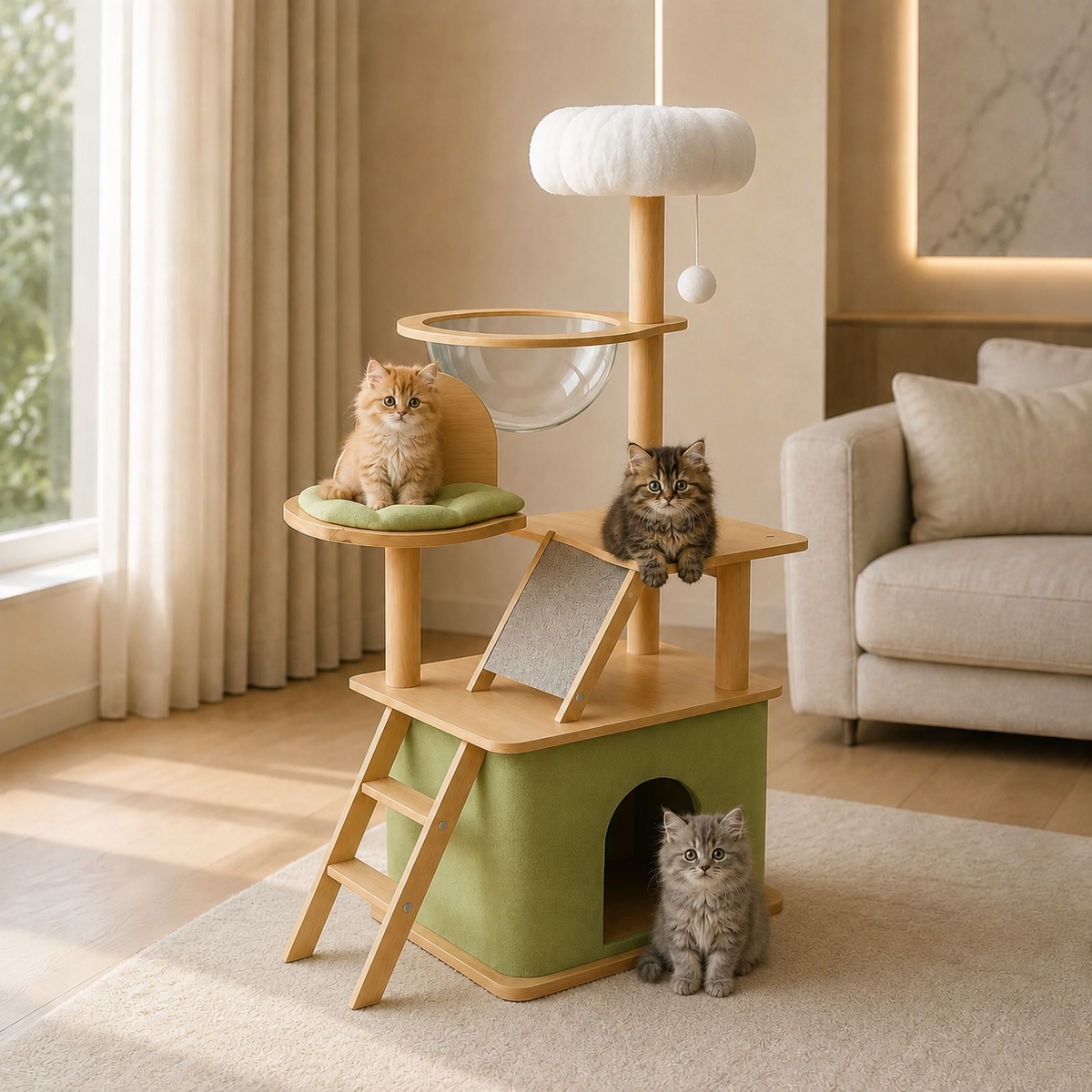 Arbre à chat bois naturel 140 cm avec condo vert, plateforme coussin vert sauge, hamac transparent, rampe griffoir intégrée et perchoir moelleux, avec trois chatons dans un salon lumineux