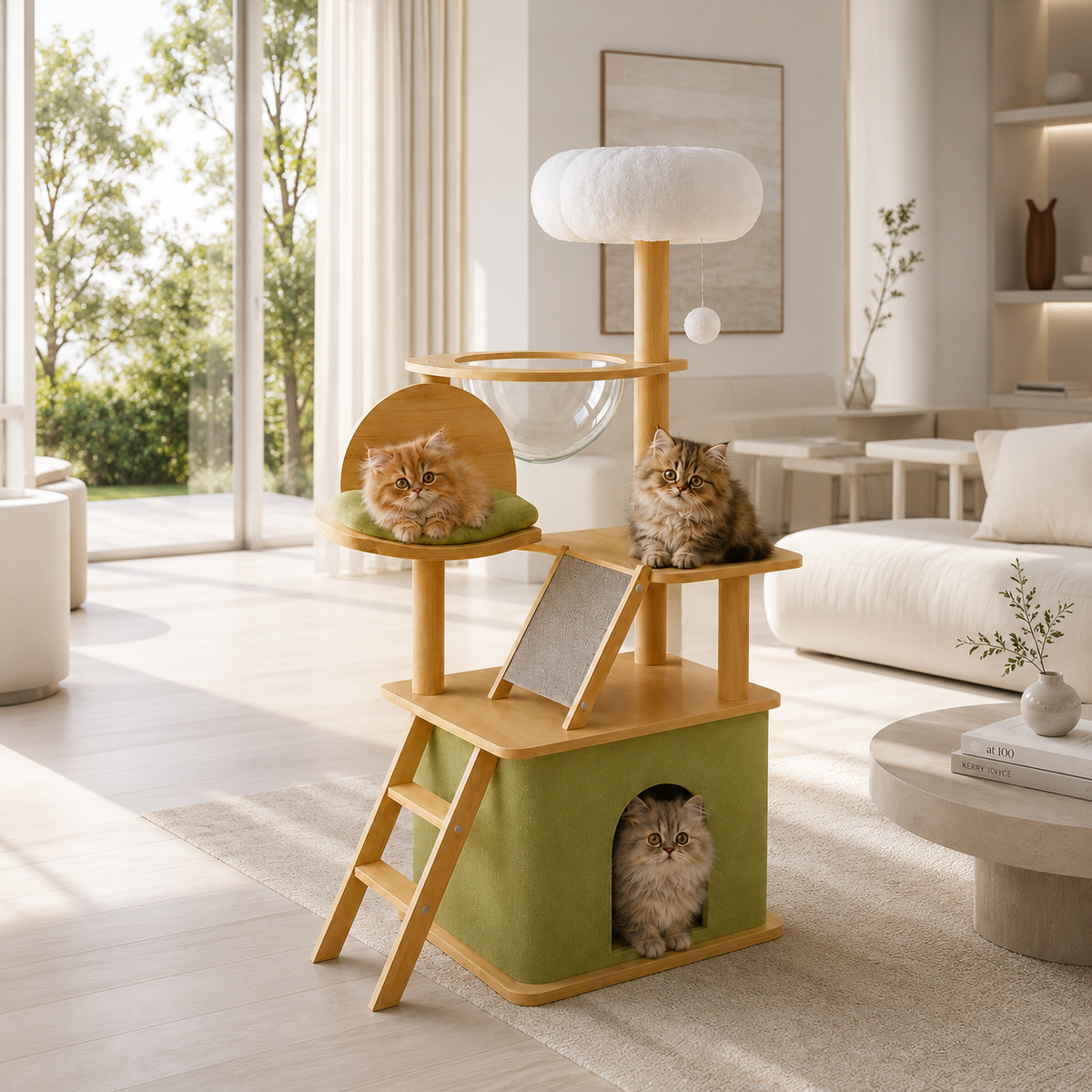 Arbre à chat bois naturel 140 cm avec condo vert, plateforme coussin vert sauge, hamac transparent, rampe griffoir et perchoir moelleux blanc, avec trois chatons persans dans un salon moderne et lumineux