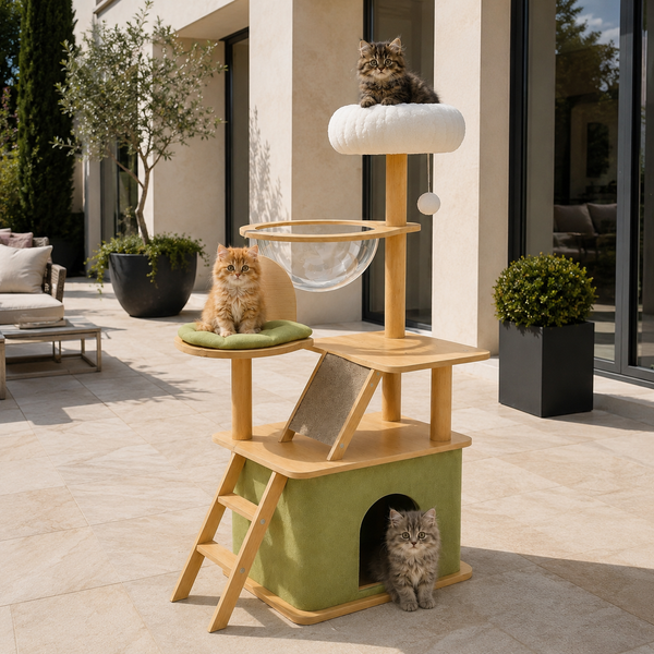 Arbre à chat bois naturel 140 cm avec condo vert, plateforme coussin vert sauge, hamac transparent et perchoir moelleux blanc, avec trois chatons sur une terrasse ensoleillée