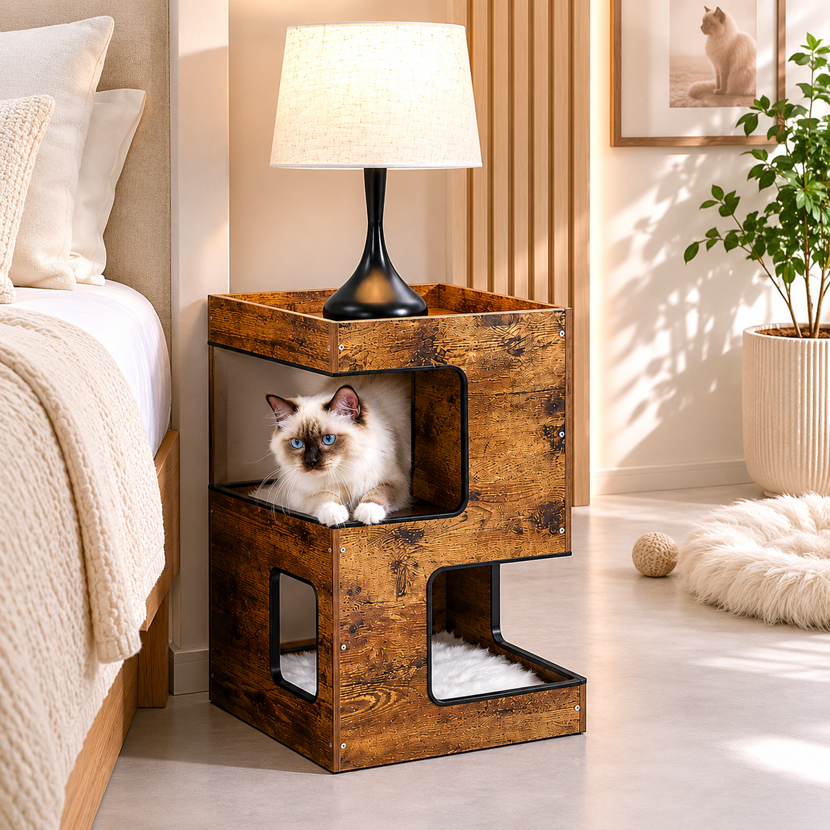 Arbre à chat design en bois rustique avec chat Ragdoll aux yeux bleus dans une chambre moderne premium avec lumière naturelle chaleureuse.