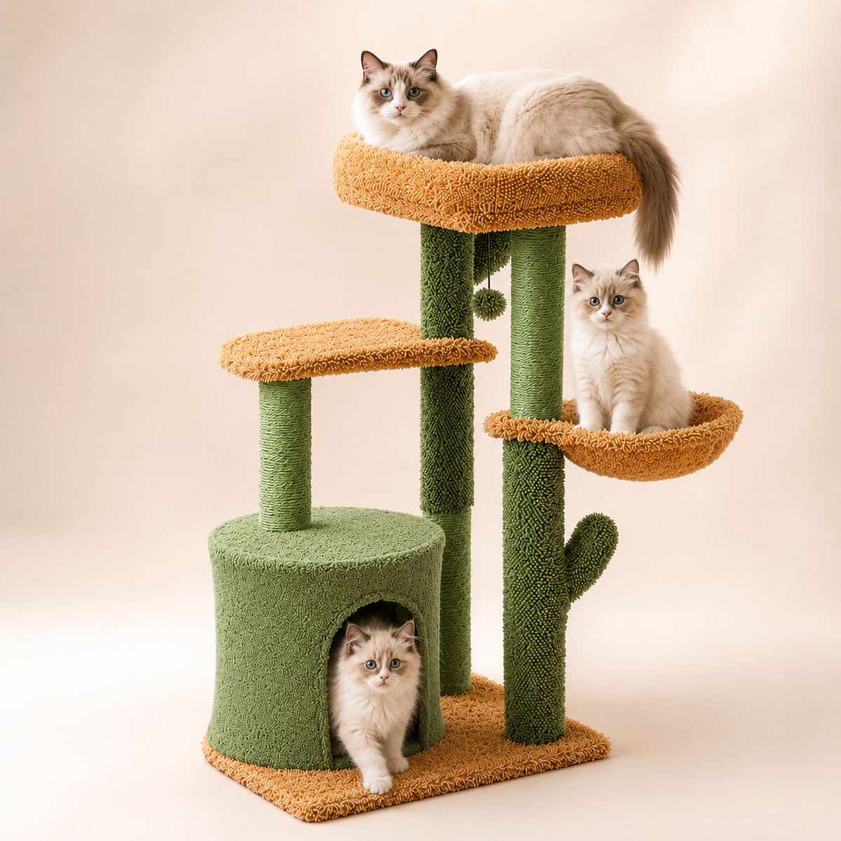 arbre à chat cactus vert 3 niveaux avec griffoir sisal un grand chat Ragdoll et deux chatons plateforme et niche intégrée fond blanc