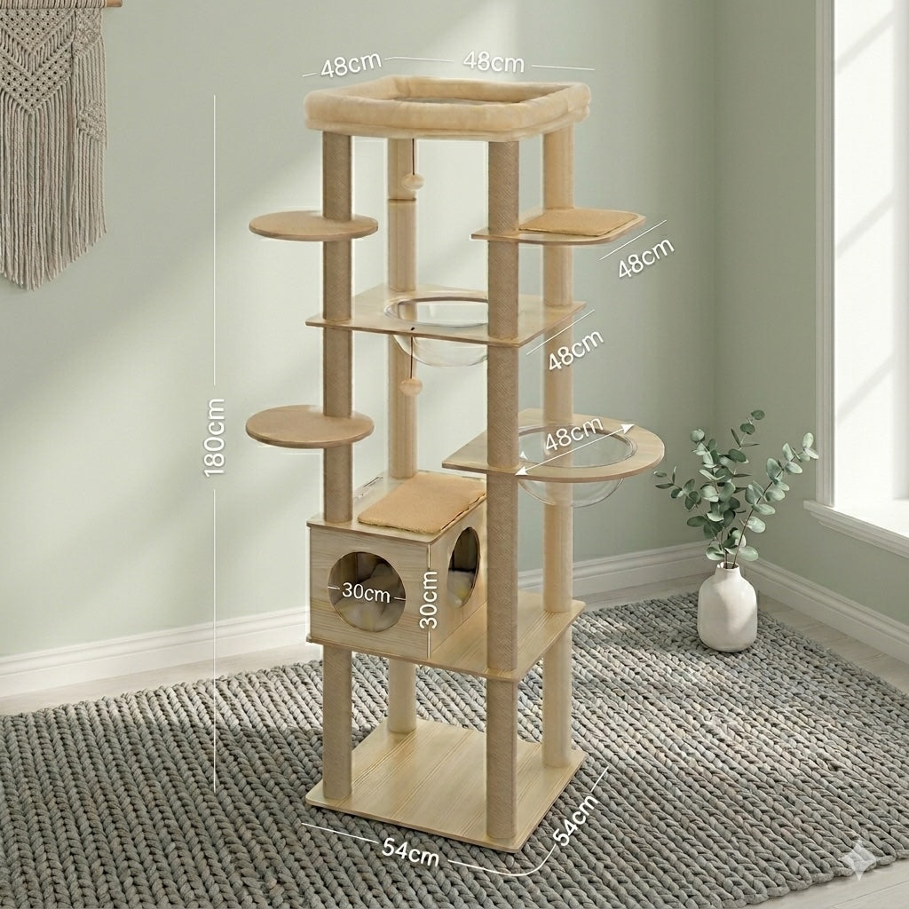 schéma dimensions arbre à chat design 180 cm base 54x54 cm plateforme haute 48x48 cm niche bois 30x30 cm hamac transparent 48 cm