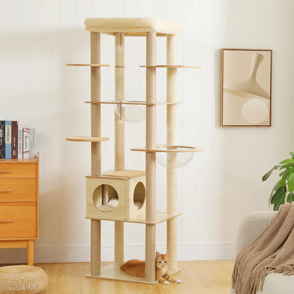 arbre à chat design 180 cm beige salon moderne deux chats roux et gris multi niveaux niche bois hamac transparent griffoir sisal