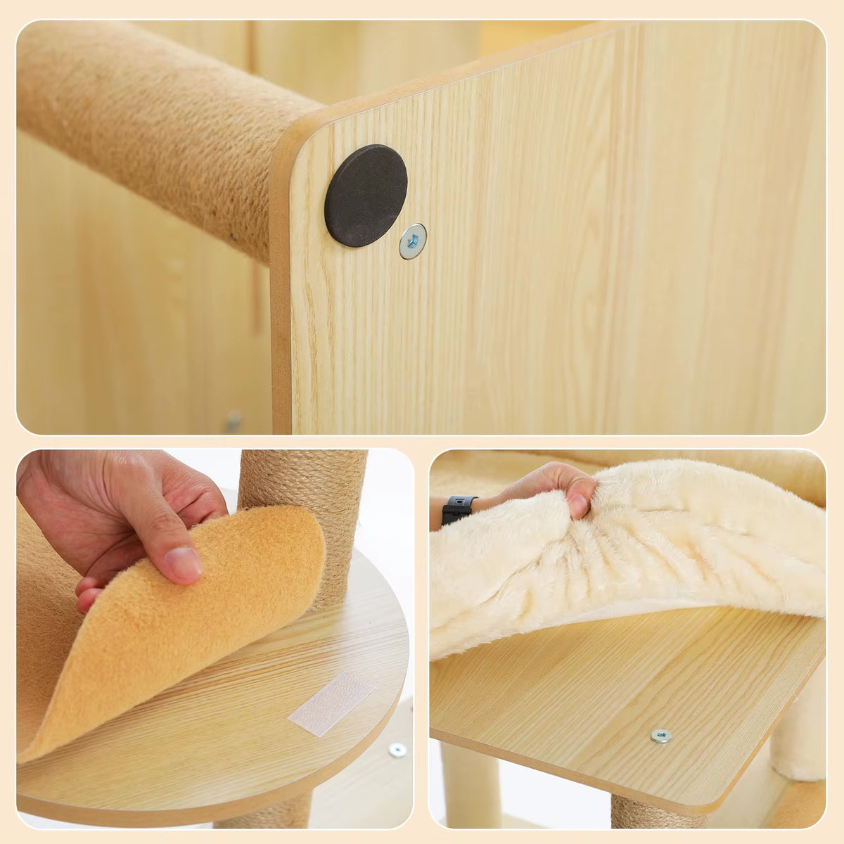 détail arbre à chat bois poncé visserie robuste griffoir sisal naturel coussin plateforme amovible velcro lavable