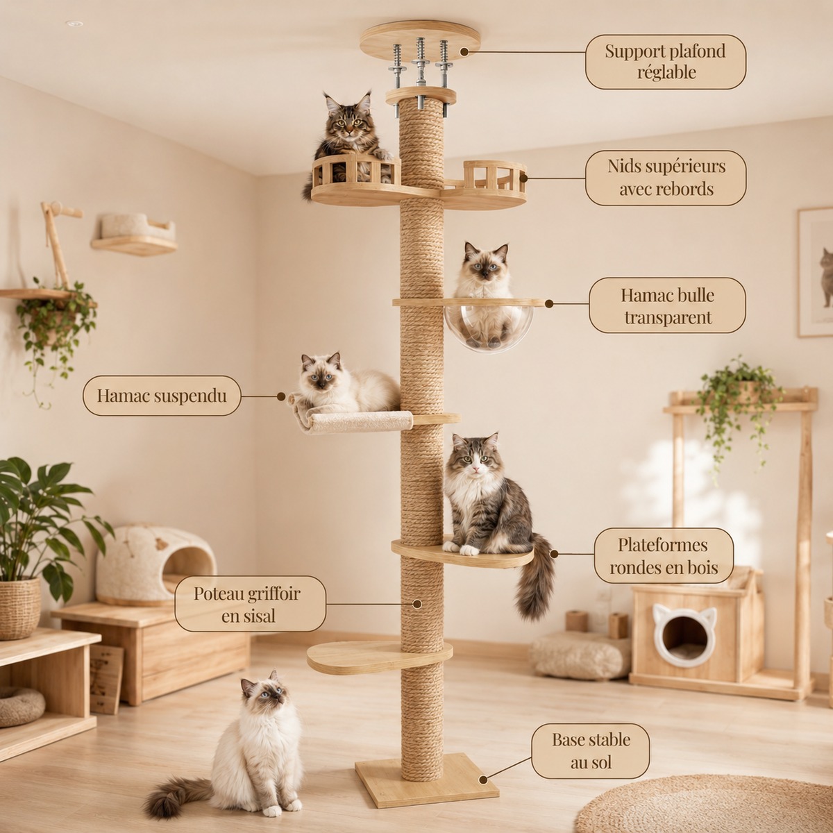 Arbre à chat design scandinave avec hamac bulle transparent, hamac suspendu, plateformes en bois, nids avec rebords, poteau griffoir en sisal et support plafond réglable.