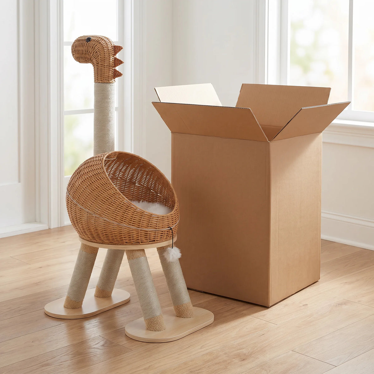 Arbre à chat dinosaure monté à côté de son carton de livraison