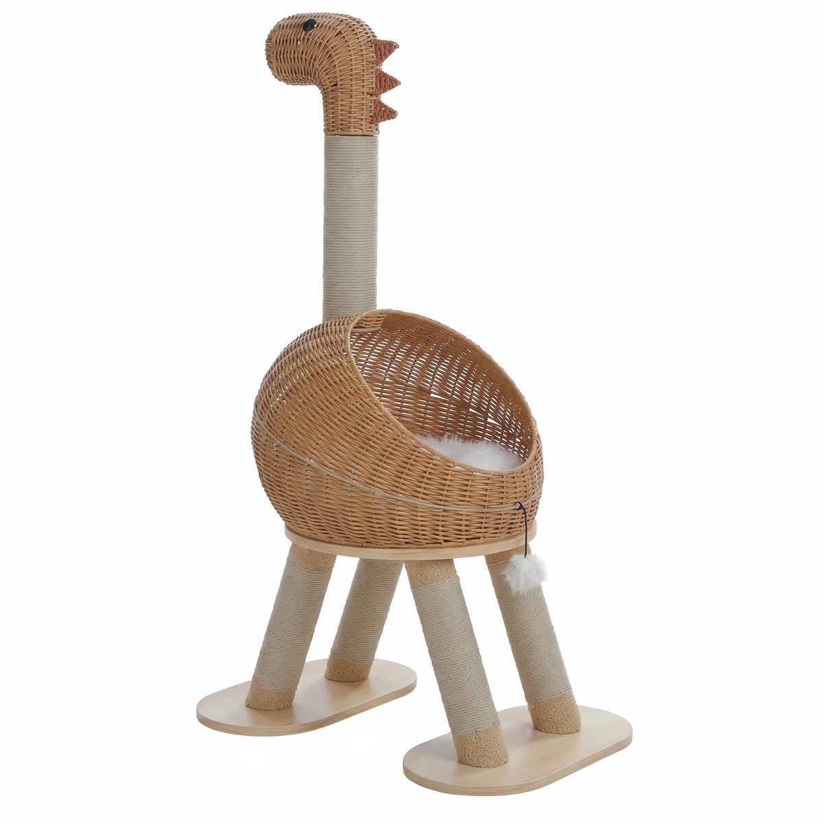 Arbre à chat en forme de dinosaure avec nid en rotin, cou et pattes en sisal, sur fond blanc