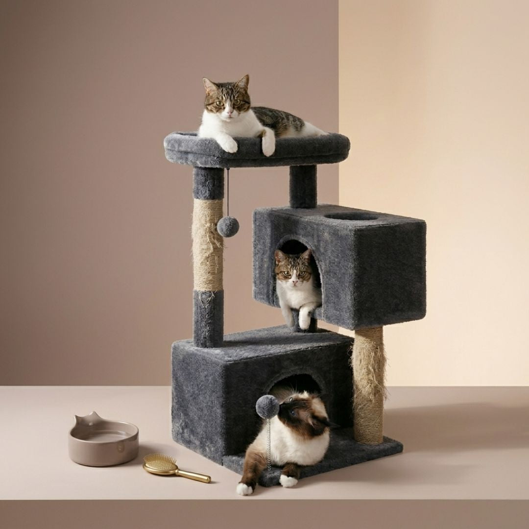 arbre à chat 3 niveaux gris anthracite avec niche et panier, incluant un chat Européen tigré et blanc sur le haut, un second chat Européen dans la niche centrale et un chat Siamois jouant avec le pompon à la base.