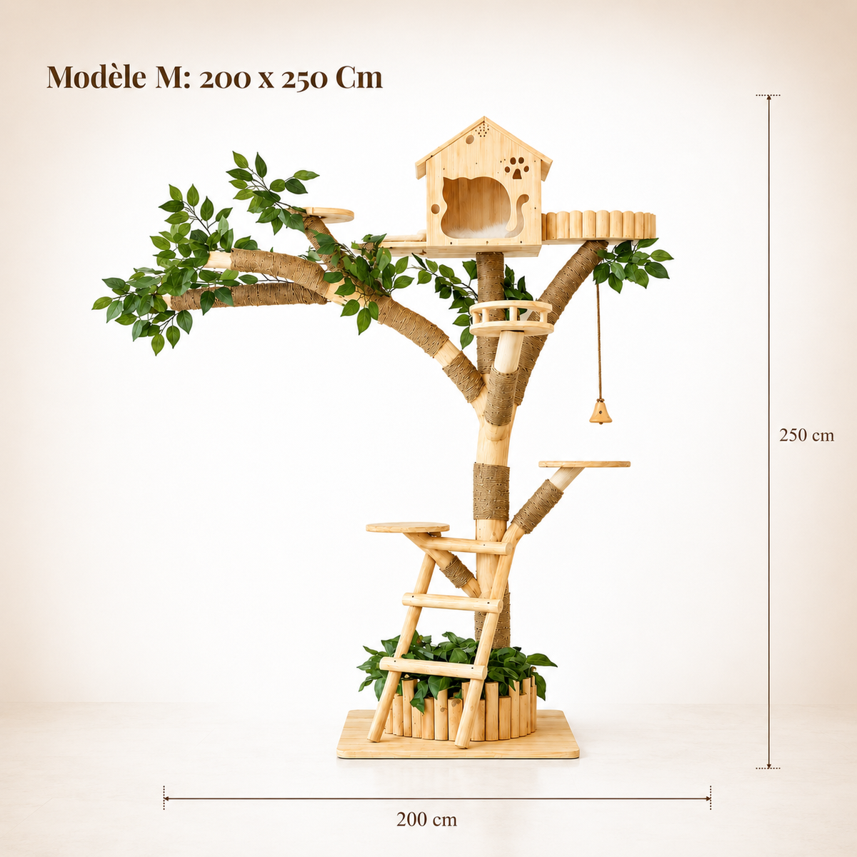 Arbre à chat intérieur et extérieur en bois naturel, modèle 2,5 m de haut et 200 cm de large, avec niche, plateformes, échelle, griffoirs en sisal et feuillage décoratif
