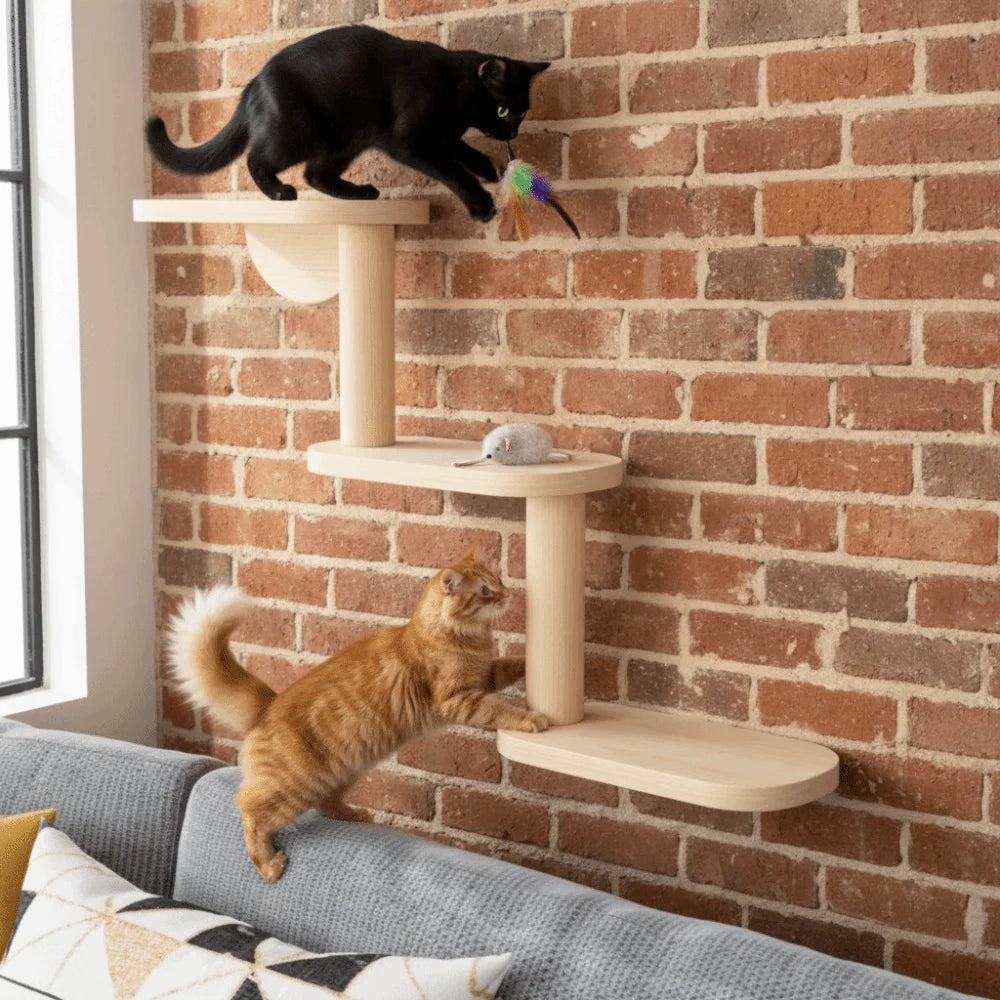 Arbre à chat mural 3 niveaux en bois clair fixé sur un mur de briques, avec des chats sur les plateformes