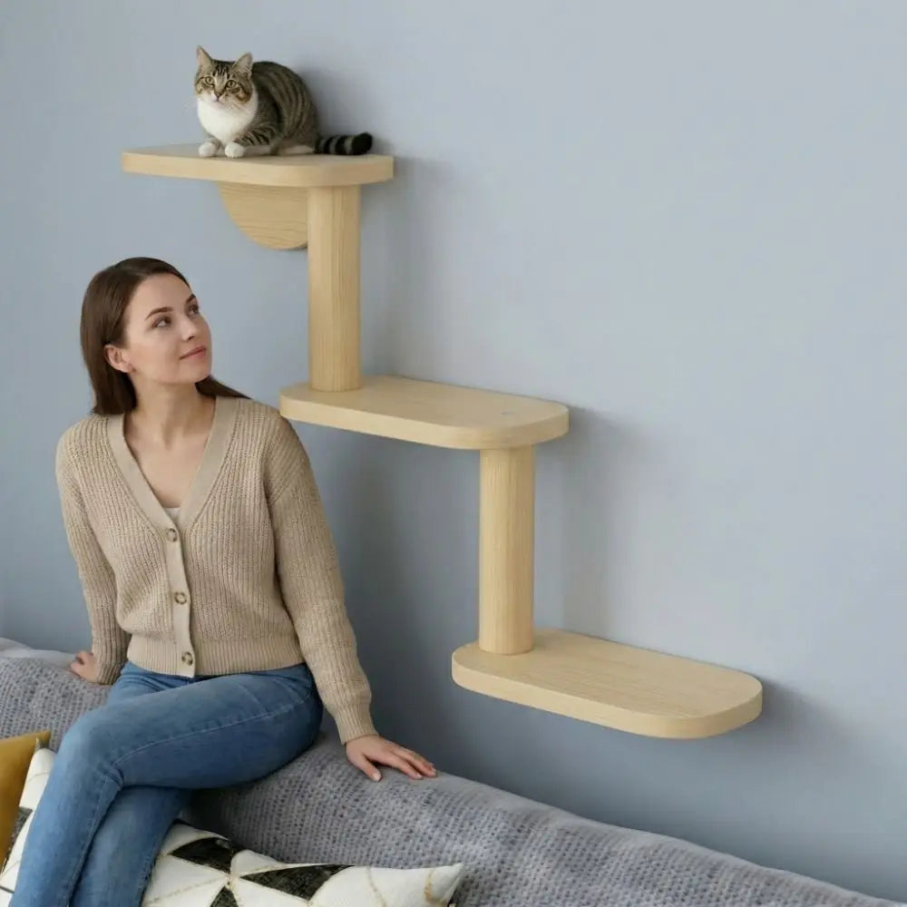 Arbre à chat mural en escalier au-dessus d'un canapé, un chat couché sur la plateforme haute