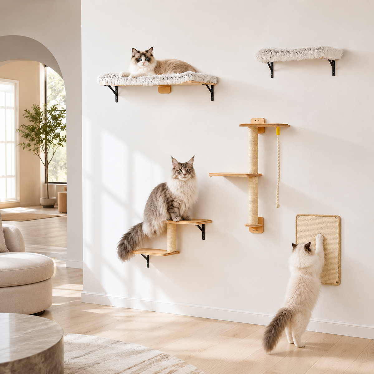 Arbre à chat mural 5-en-1 en bois avec plateformes, griffoir en sisal et poteaux à grimper, installé dans un salon avec plusieurs chats