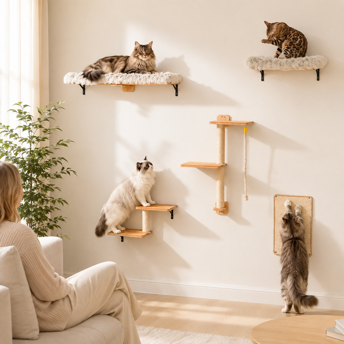 Arbre à chat mural 5-en-1 en bois clair dans un salon lumineux avec grande fenêtre, rideaux et plantes, utilisé par plusieurs chats pendant que leur propriétaire les regarde jouer et grimper depuis son canapé