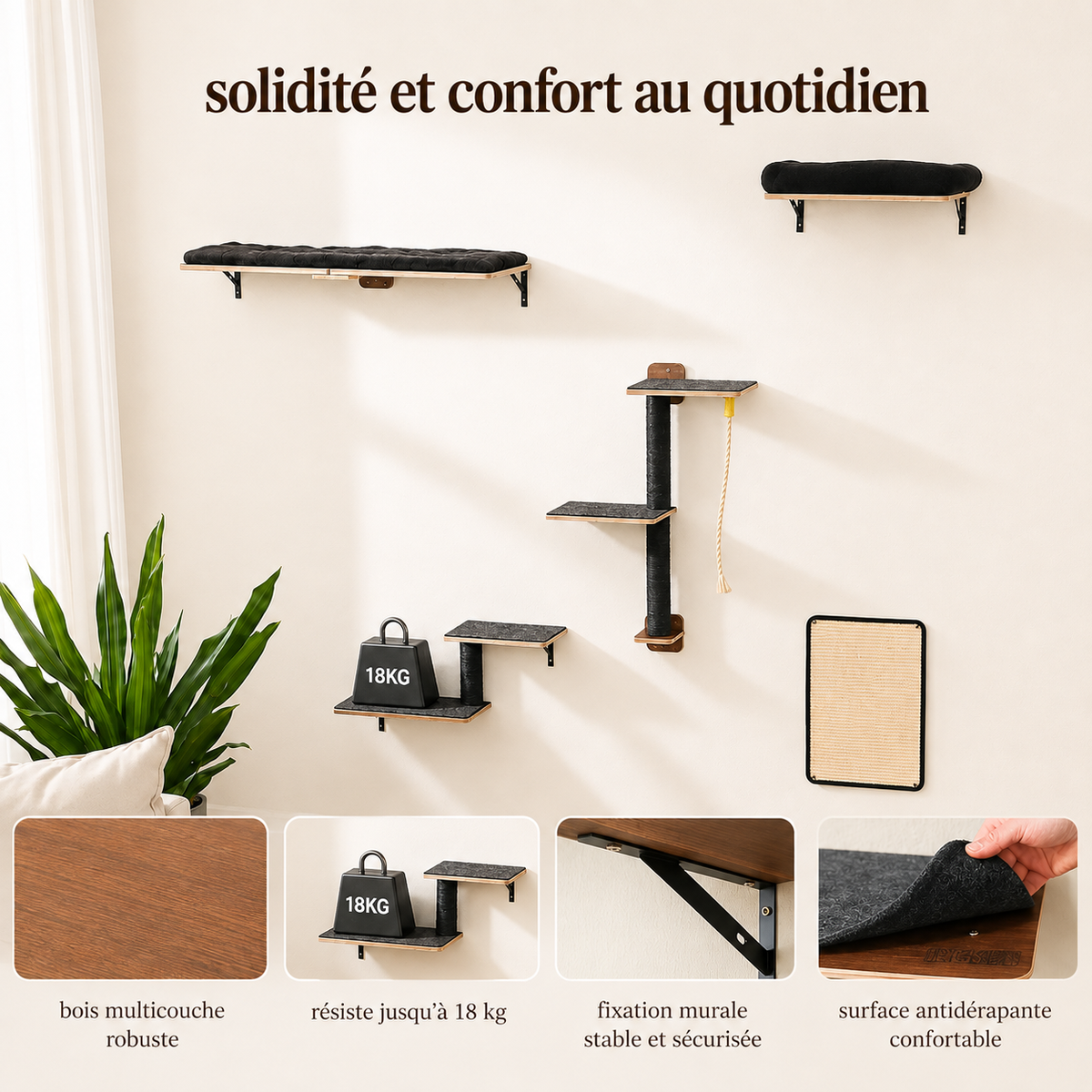 Arbre à chat mural 5-en-1 en bois multicouche avec plateformes antidérapantes, poteaux griffoirs et fixation murale sécurisée, conçu pour supporter jusqu’à 18 kg
