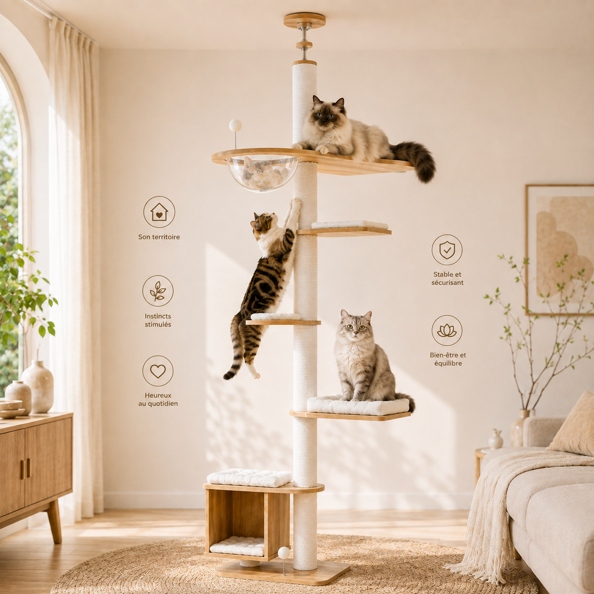 Arbre à chat du sol au plafond en bois installé dans un salon lumineux, avec plateformes rembourrées, poteaux griffoirs en sisal, niche et bulle transparente, utilisé par un Ragdoll en hauteur, un chat tigré qui grimpe et un chat gris à poil long installé sur une plateforme.