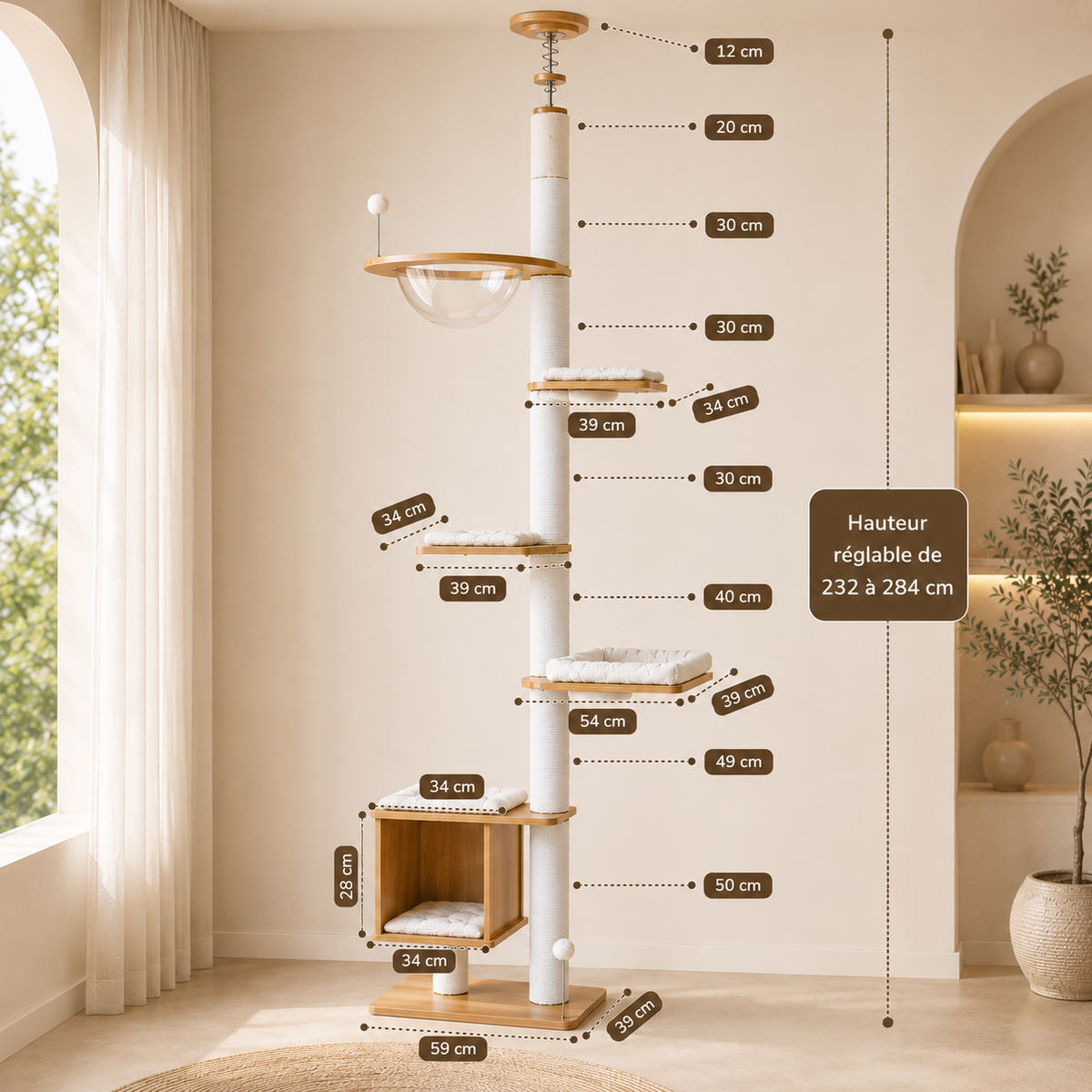 Dimensions de l’arbre à chat du sol au plafond en bois, réglable de 232 à 284 cm, avec base de 59 × 39 cm, niche de 34 × 34 × 28 cm, plateformes rembourrées, poteaux griffoirs et bulle transparente.