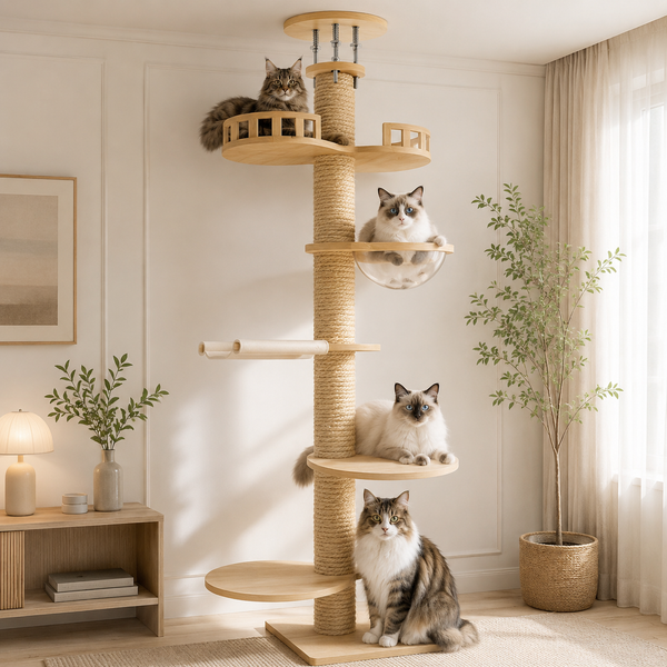 Arbre à chat sol plafond en bois avec plateformes, bulle transparente et griffoir en sisal, installé dans un intérieur scandinave beige avec chats Ragdoll, Maine Coon et Norvégien.