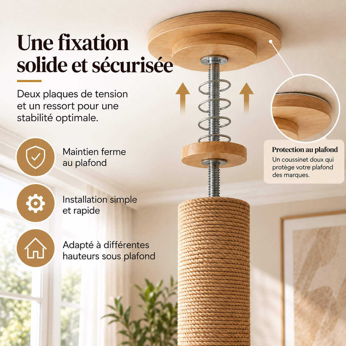 Détail du système de fixation au plafond de l’arbre à chat sol-plafond ALTICAT de Catedo, avec double plaque en bois, ressort de tension métallique et protection au contact du plafond. Le mécanisme réglable assure un maintien ferme et permet d’adapter l’installation à différentes hauteurs sous plafond.