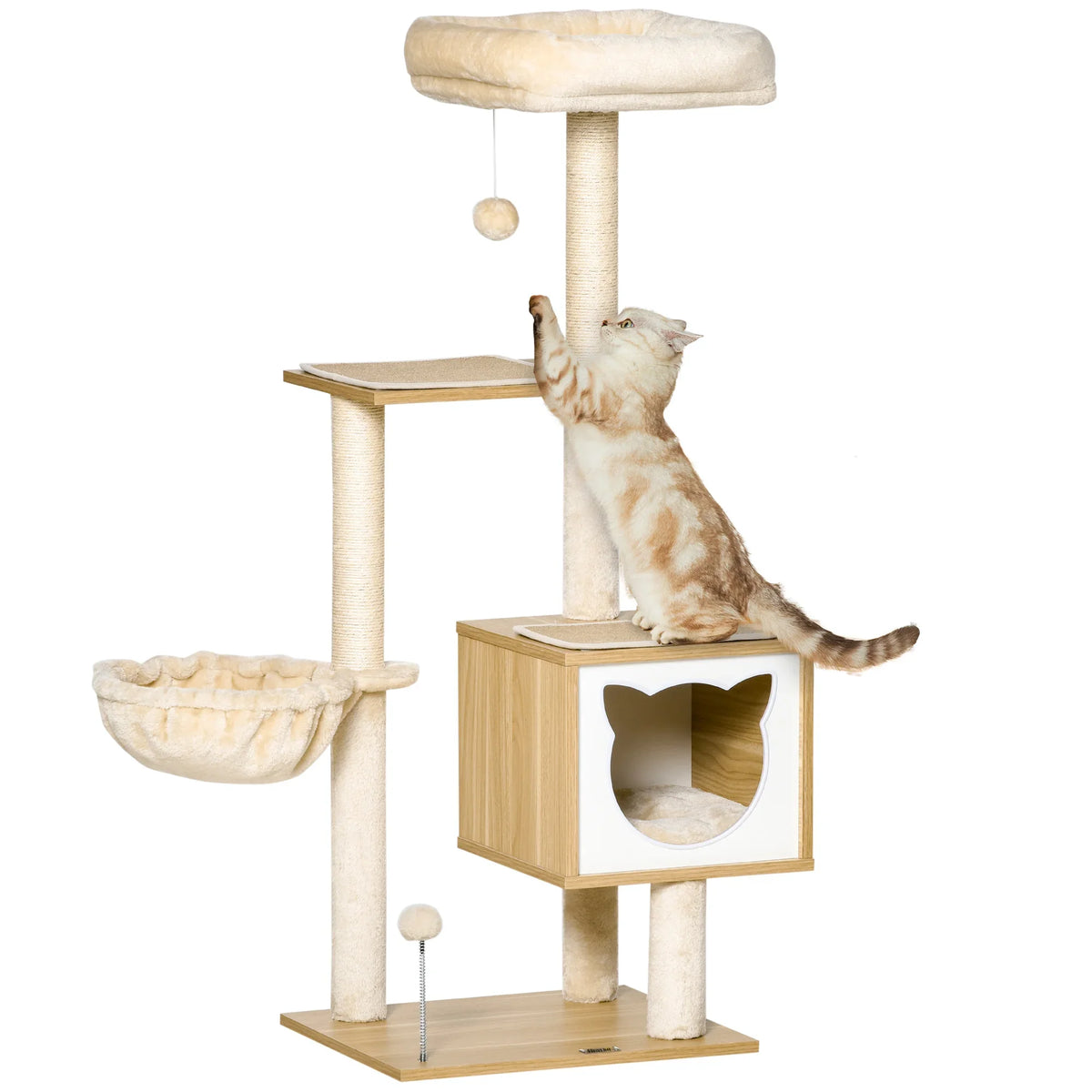 Dimensions arbre à chat bois naturel 126cm : base 48x40cm, cabane 34x34cm entrée 20x29cm, hamac 30cm, plateforme haute 34x34cm, griffoir sisal