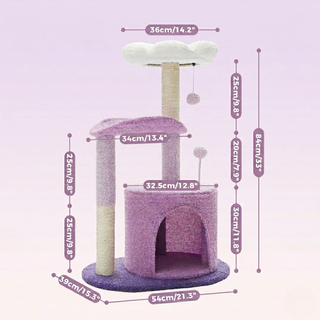 schéma dimensions arbre à chat fleur violet 84 cm base ovale 54x39 cm cabane ronde violette 32.5 cm plateforme fleur 34 cm perchoir nuage blanc 36 cm fond violet fleurs