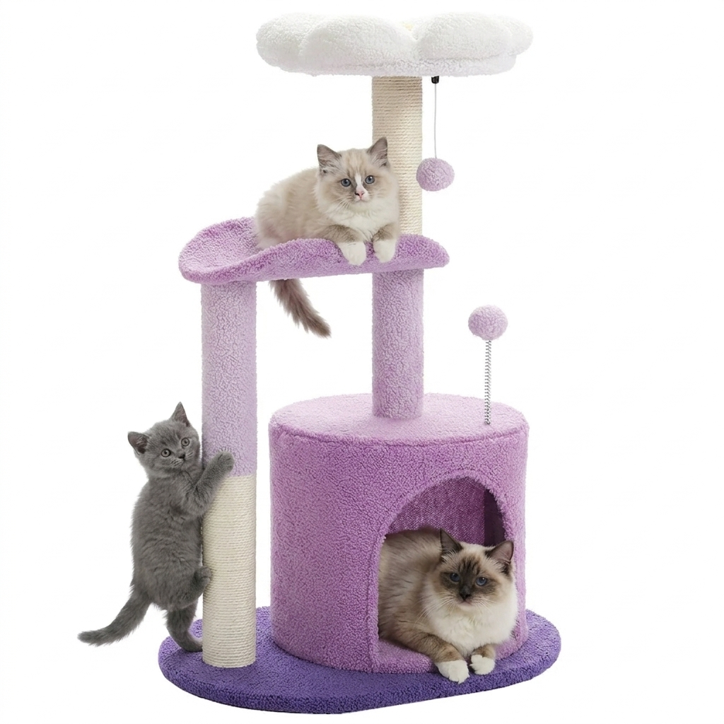 arbre à chat fleur violet fond blanc Ragdoll aux yeux bleus allongé sur plateforme fleur violette chaton gris grimpant griffoir sisal perchoir nuage blanc pompon violet ressort