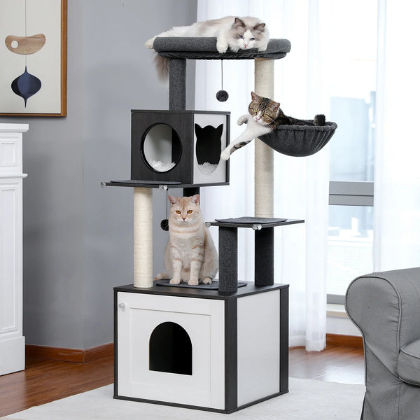 arbre à chat gris anthracite et blanc 144cm, niche entrée arche, cabane ronde tête chat, hamac gris, griffoir sisal naturel, Ragdoll Tabby appartement