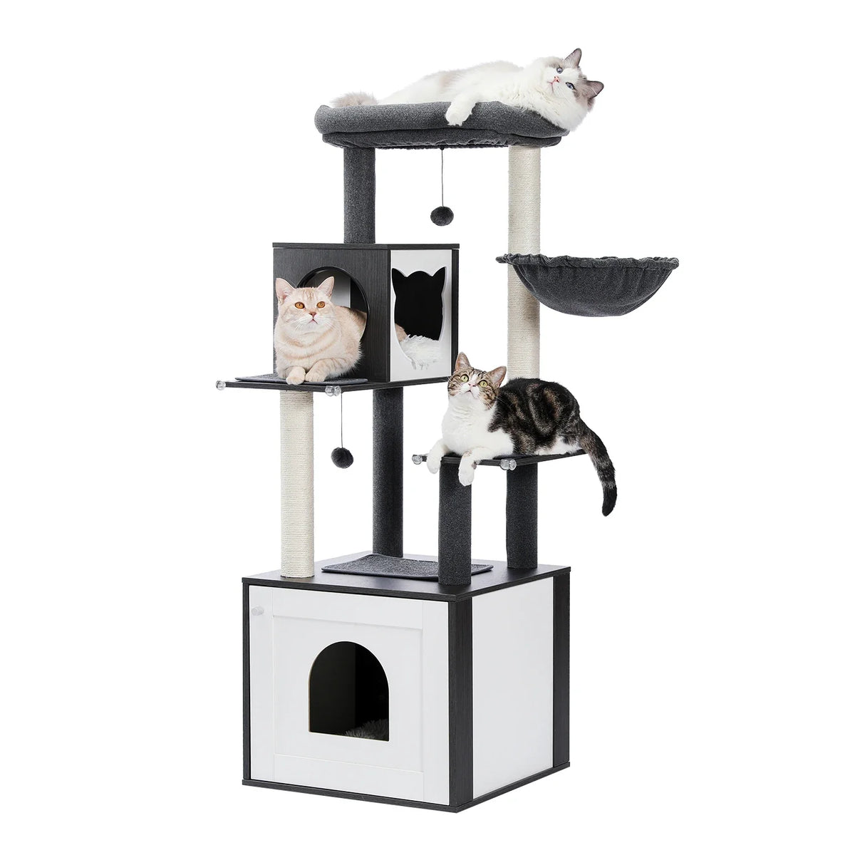 Arbre à chat multi-niveaux gris blanc 144cm, grande niche porte arche, cabane 2 entrées, hamac gris foncé, griffoir sisal, pompon suspendu, 3 chats