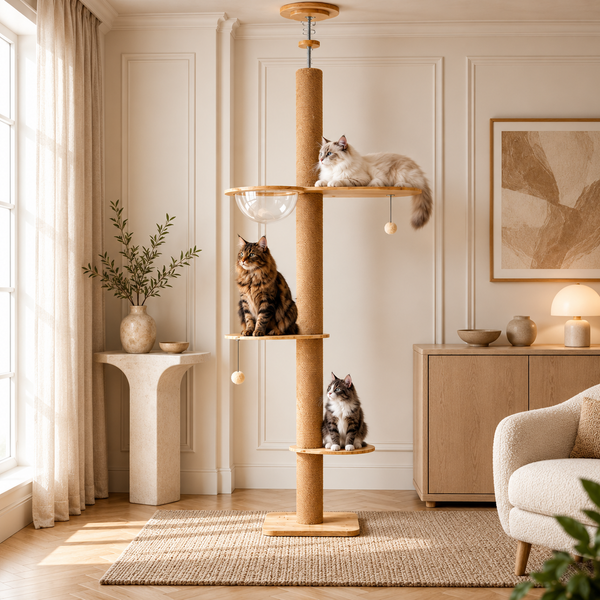 Arbre à chat sol-plafond ALTICAT de Catedo en bois naturel avec grand poteau griffoir en sisal, plateformes en hauteur et coupelle transparente, installé dans un salon lumineux. Un Ragdoll se repose sur la plateforme supérieure, un Maine Coon utilise le niveau intermédiaire et un troisième chat se tient sur la plateforme basse.