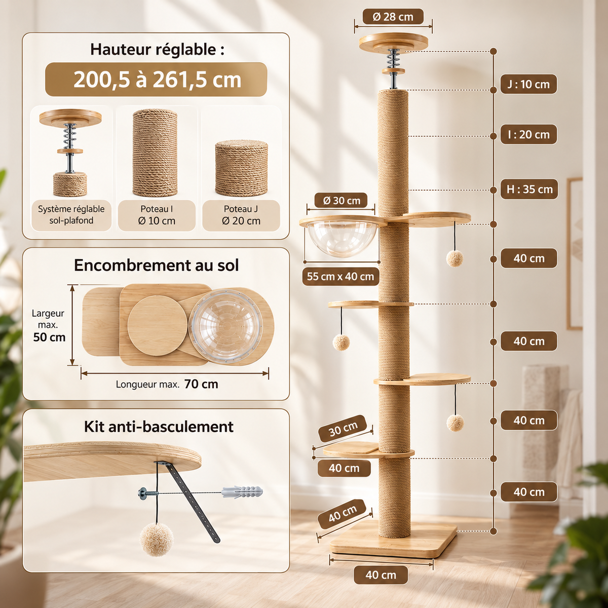 Dimensions de l’arbre à chat sol-plafond ALTICAT de Catedo avec hauteur réglable de 200,5 à 261,5 cm, encombrement maximal de 70 × 50 cm, plateformes en bois, poteaux en sisal, couchage transparent et kit anti-basculement. Schéma détaillé des différentes mesures pour choisir et installer l’arbre à chat selon la hauteur disponible dans votre intérieur.