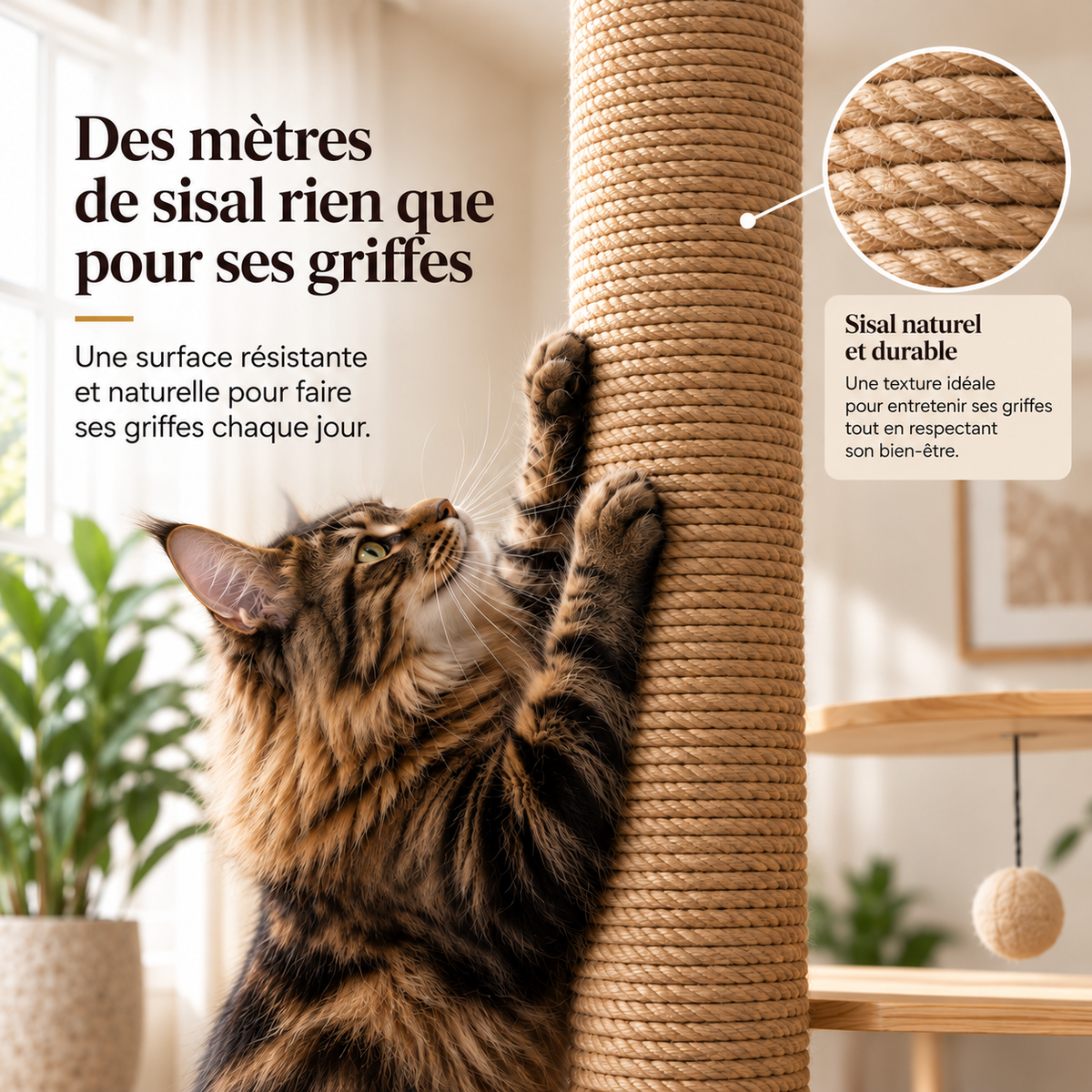 Maine Coon utilisant le griffoir vertical en sisal naturel de l’arbre à chat sol-plafond ALTICAT de Catedo. Le chat s’étire et fait ses griffes sur le poteau épais entièrement recouvert de corde, avec détail agrandi de la texture du sisal et plateforme en bois dans un intérieur clair.