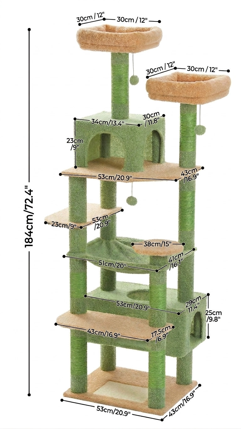 Dimensions arbre à chat vert beige 184cm : base 53x43cm, hamac 51x41cm, cabanes 34x30cm et 53x29cm, 2 perchoirs carrés 30x30cm, griffoir vert multi-niveaux