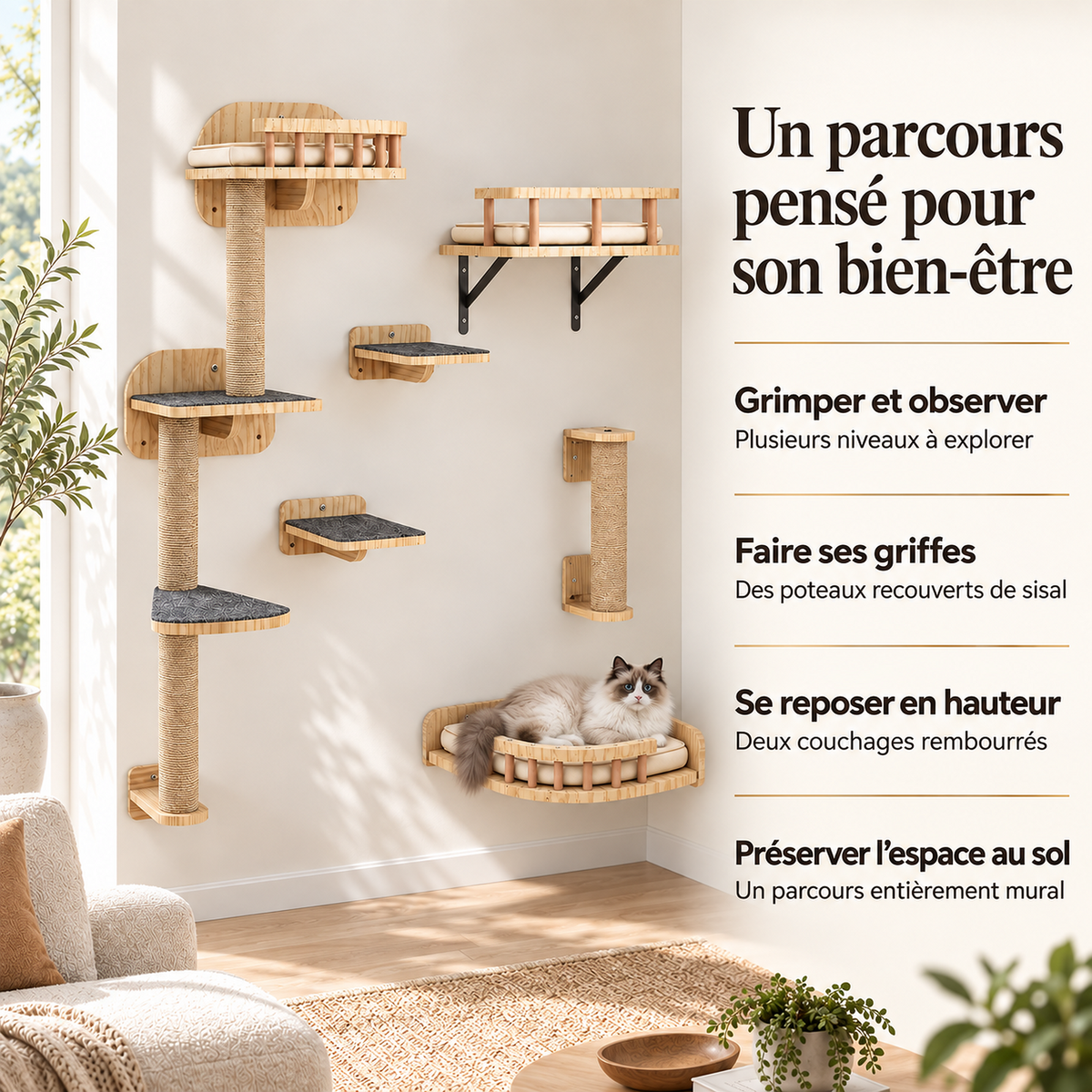 Arbre à chat mural en bois naturel, ensemble 7 pièces | MILO