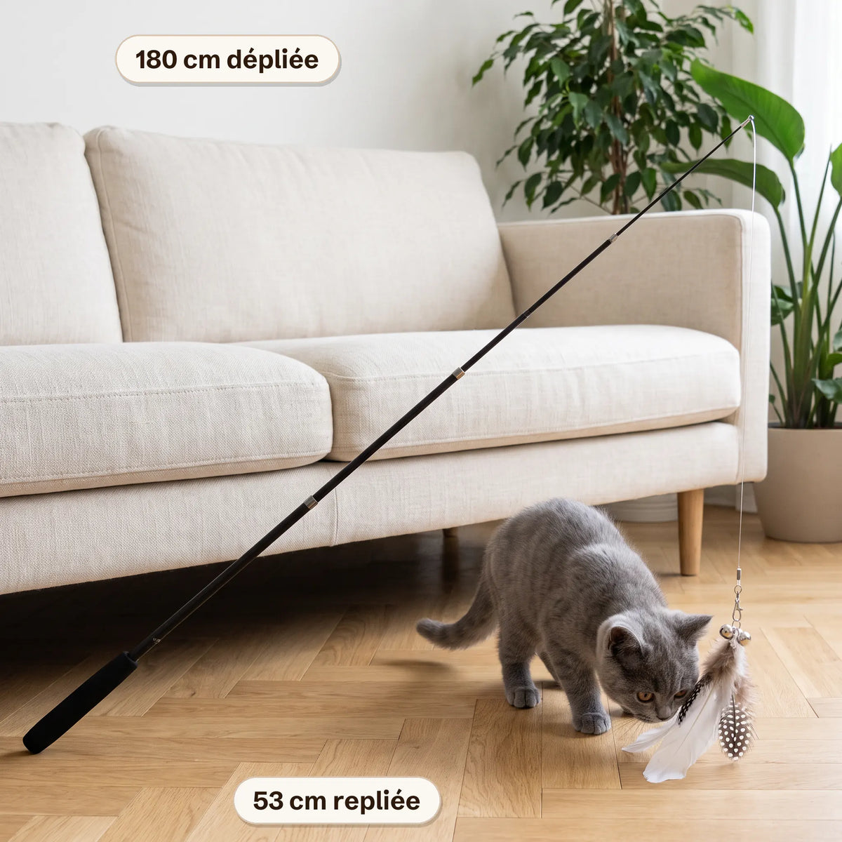 Canne à pêche Pêchalune dépliée à 180 cm dans un salon, le plumeau au sol devant un chat gris.