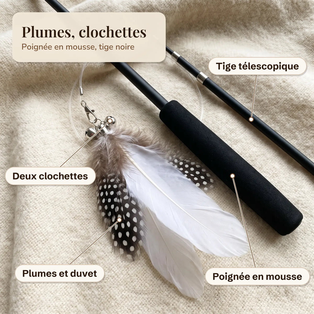 Gros plan de la canne Pêchalune : tige télescopique noire, poignée en mousse, plumes blanches et tachetées, duvet brun et deux clochettes.