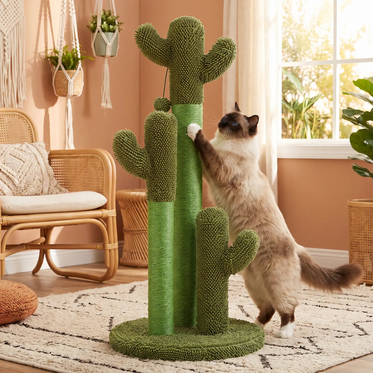 Chat Sacré de Birmanie étiré de tout son long qui fait ses griffes sur le poteau en sisal