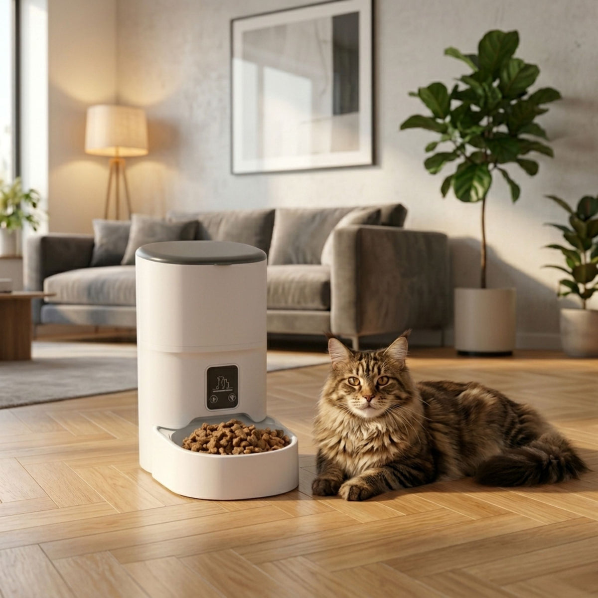 chat persan maine coon allongé sur parquet à côté d'un distributeur automatique de croquettes pour chat blanc dans un salon moderne avec canapé gris et plante verte