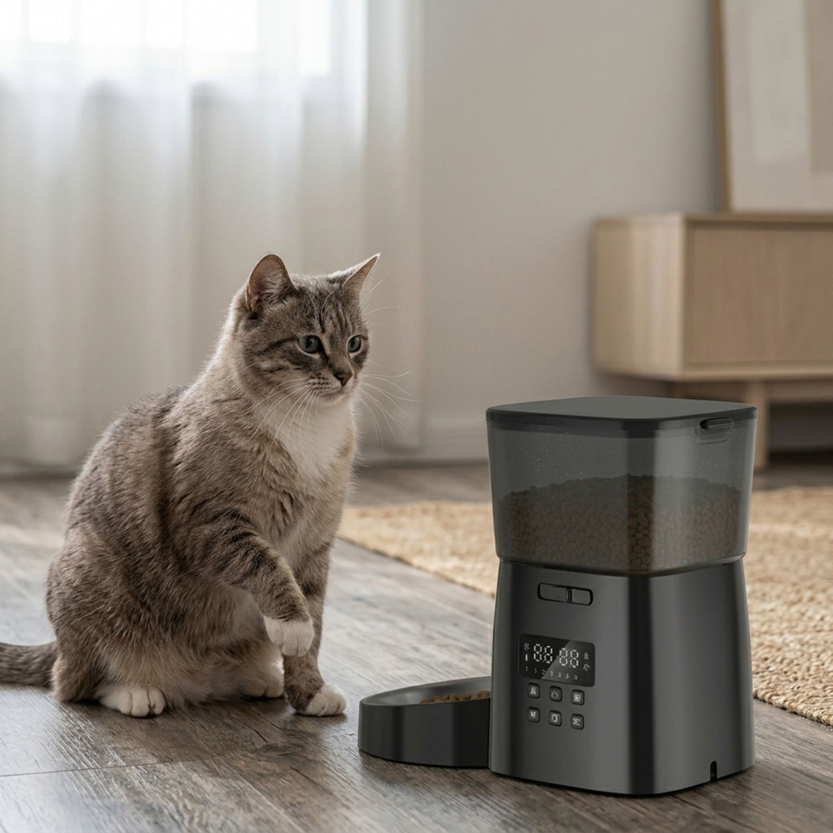chat tigré assis à côté d'un distributeur automatique croquettes pour chat noir avec réservoir transparent et écran LCD posé sur un parquet