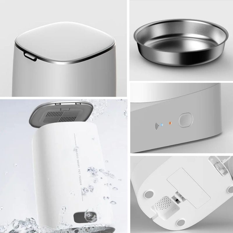distributeur automatique de croquettes pour 2 chats détails bol inox acier étanche bouton wifi et haut-parleur