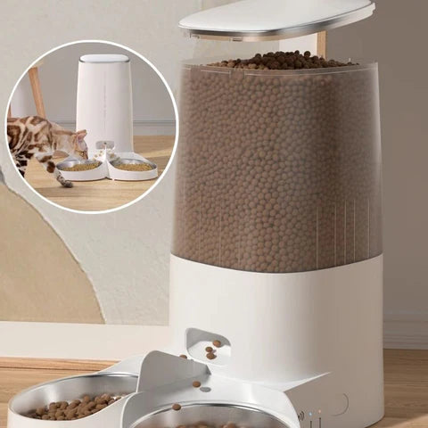 distributeur automatique de croquettes pour 2 chats réservoir transparent grande capacité 4L visible