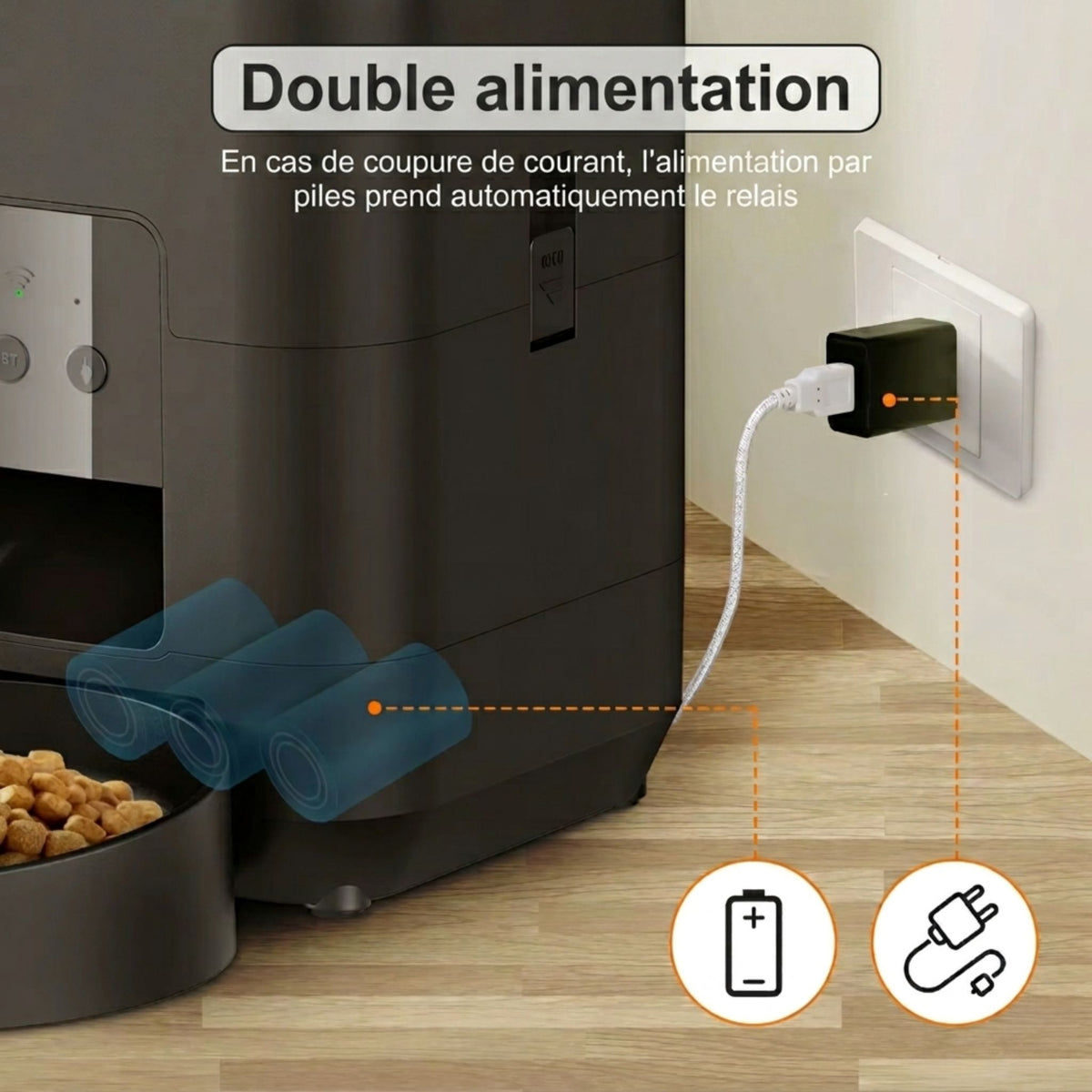 Distributeur automatique de croquettes pour chat double alimentation secteur et piles de secours