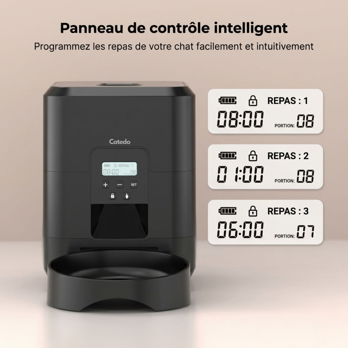 distributeur automatique de croquettes pour chat programmable panneau de contrôle intelligent jusqu'à 6 repas par jour Catedo